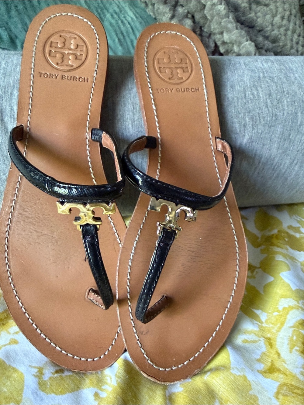 Tory Burch Black Leather Logo Thong Sandals with Tan Footbed